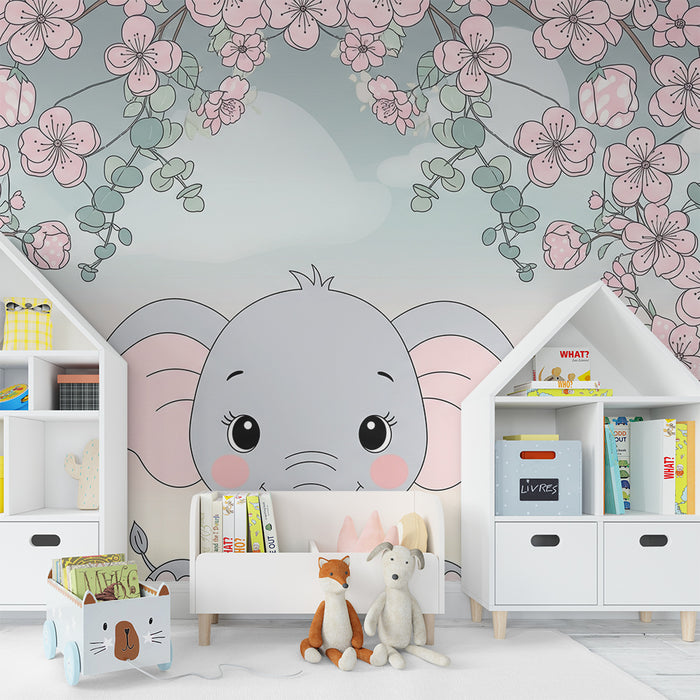 Papier peint chambre bébé | Éléphant mignon et fleurs délicates