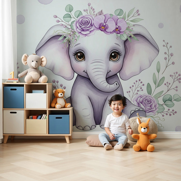 Barntapet | Söt elefant och delikata blommor