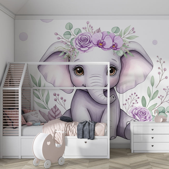 Barntapet | Söt elefant och delikata blommor