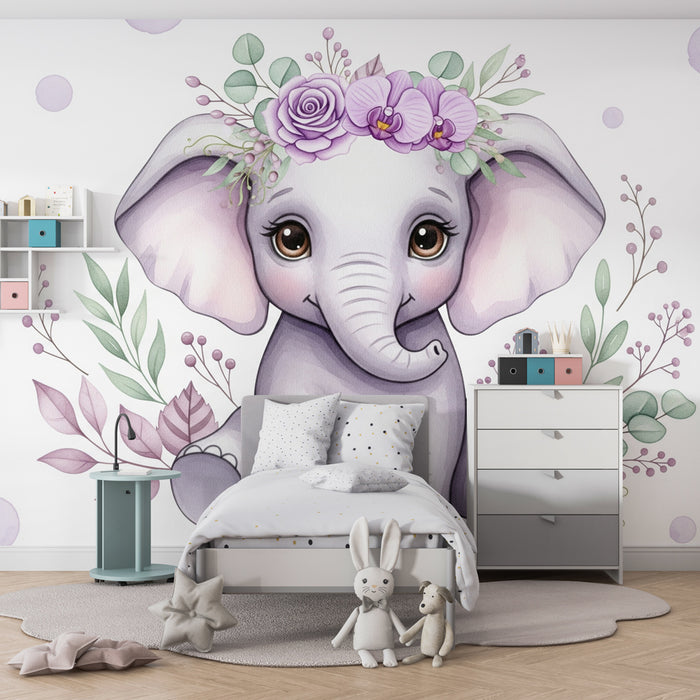 Barntapet | Söt elefant och delikata blommor