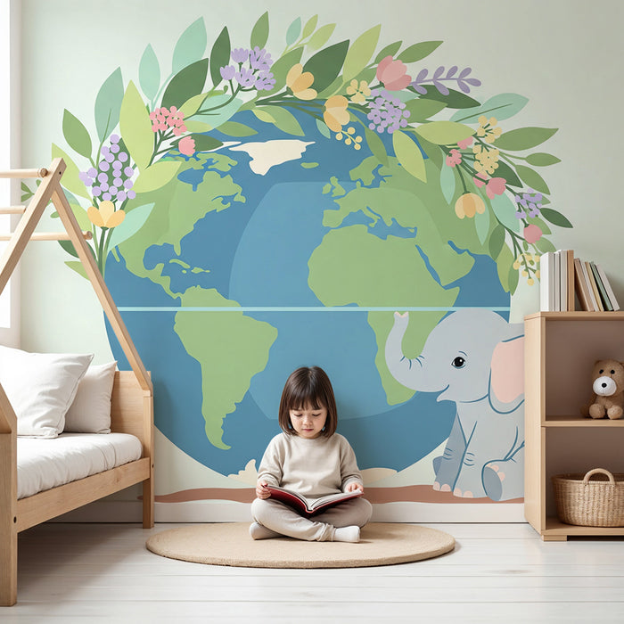 Papel de parede quarto bebê | Elefante bonito e globo terrestre florido