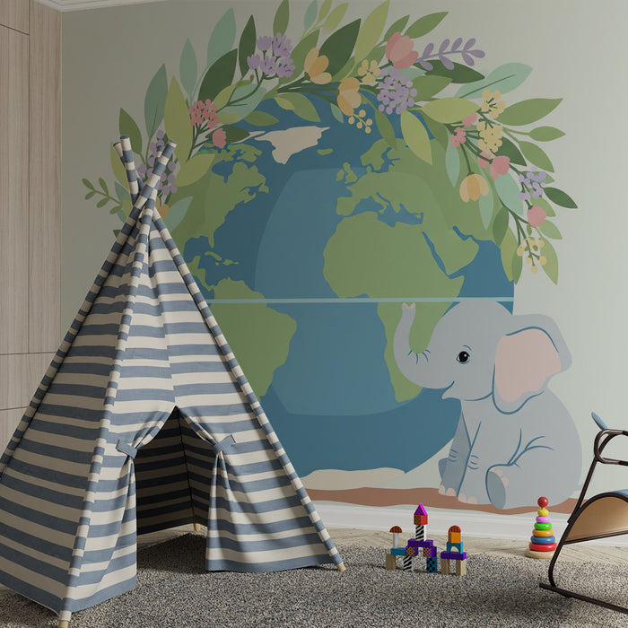 Papel de parede quarto bebê | Elefante bonito e globo terrestre florido