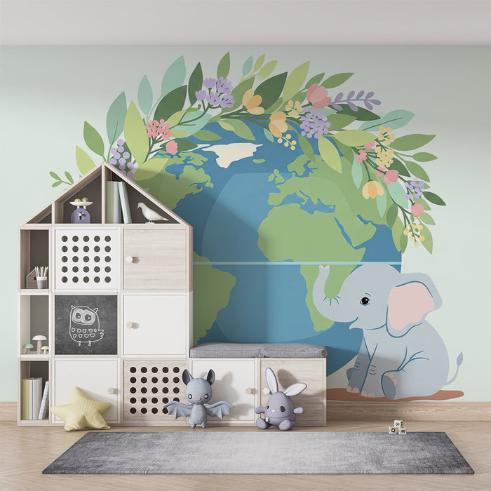 Papel de parede quarto bebê | Elefante bonito e globo terrestre florido