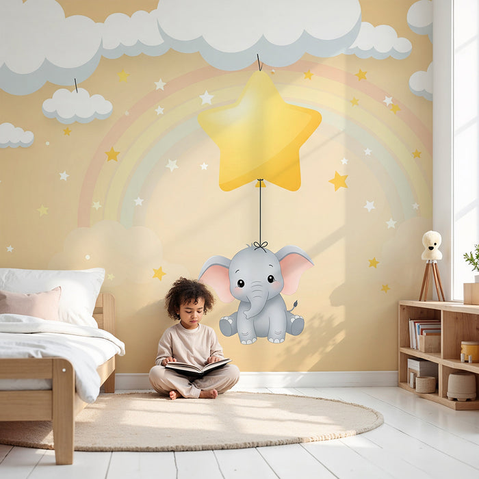 Papel de parede para quarto de bebé | Elefante fofo a flutuar com estrelas e nuvens