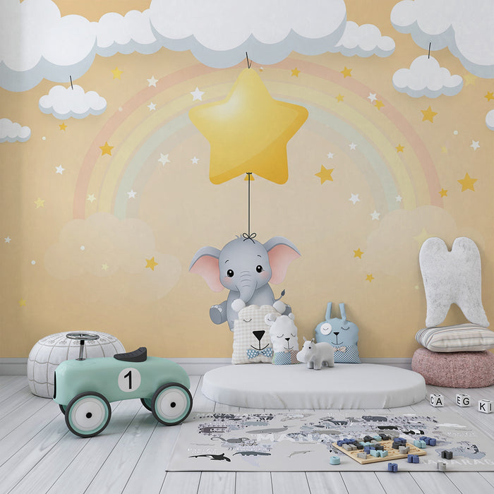 Papel de parede para quarto de bebé | Elefante fofo a flutuar com estrelas e nuvens