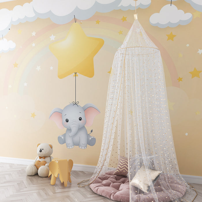 Papel de parede para quarto de bebé | Elefante fofo a flutuar com estrelas e nuvens