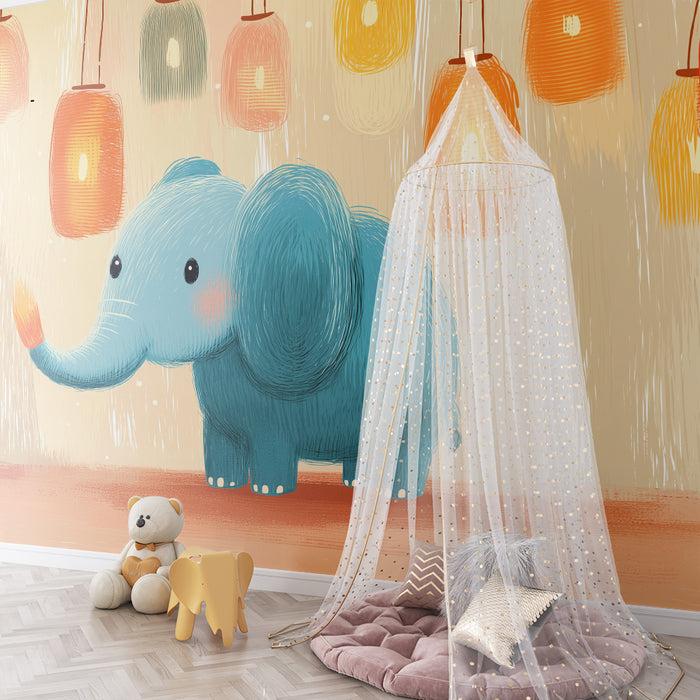 Nursery room wallpaper | Cute elephant under colorful lanterns