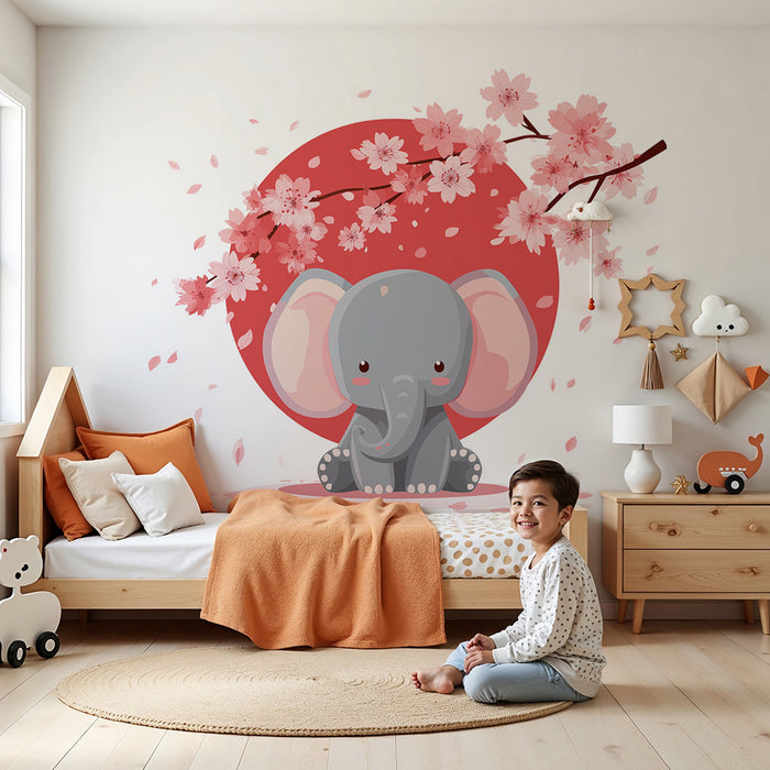 Nursery room wallpaper | Cute elephant under blooming cherry trees