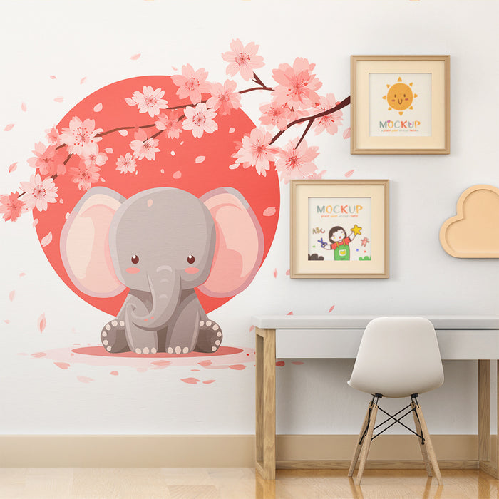 Nursery room wallpaper | Cute elephant under blooming cherry trees