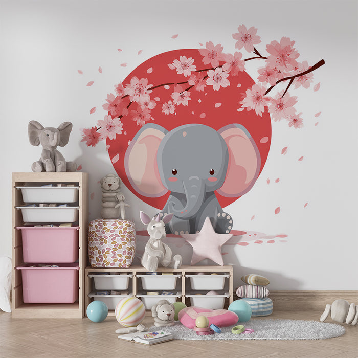 Nursery room wallpaper | Cute elephant under blooming cherry trees