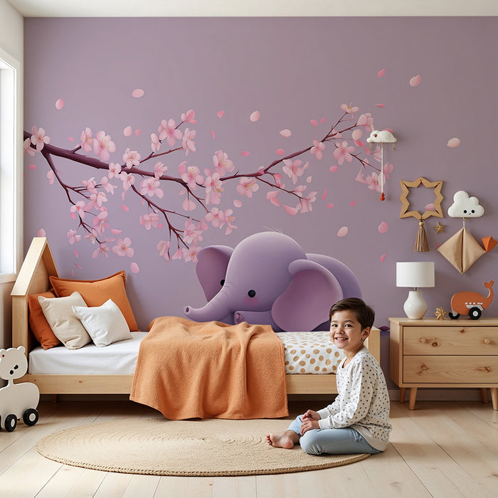 Papel de parede quarto bebê | Сладък слон под цветята на черешата