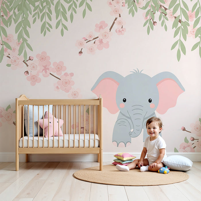 Nursery room wallpaper | Cute elephant under the flowers