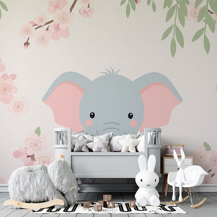 Nursery room wallpaper | Cute elephant under the flowers