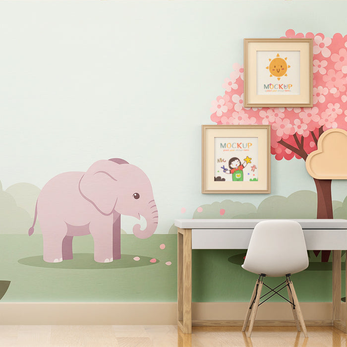 Lastenhuoneen tapetti | Söpö elefantti kukkivan puun alla