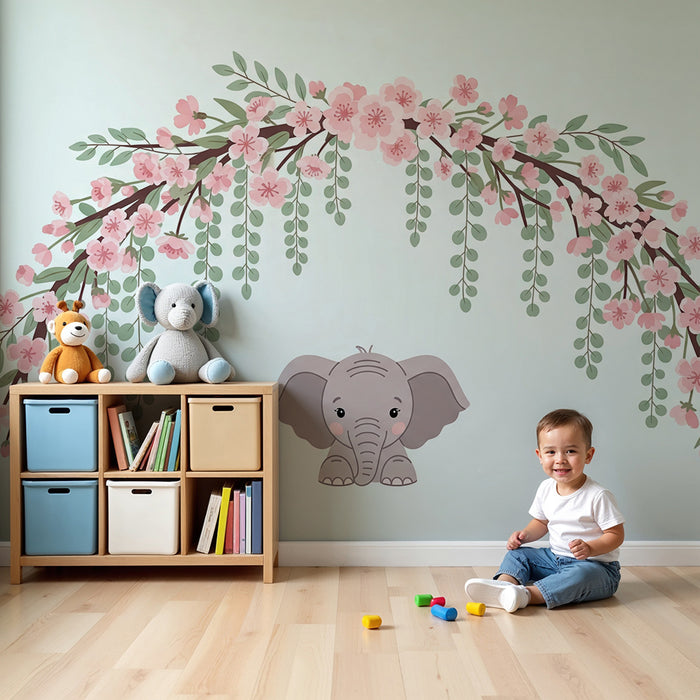 Papel de parede quarto bebê | Bonito elefante sob um arco de flores