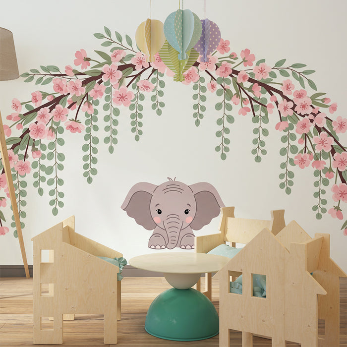 Papel de parede quarto bebê | Bonito elefante sob um arco de flores