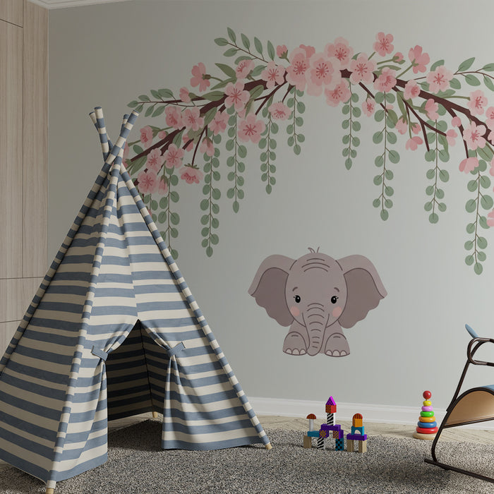 Papel de parede quarto bebê | Bonito elefante sob um arco de flores
