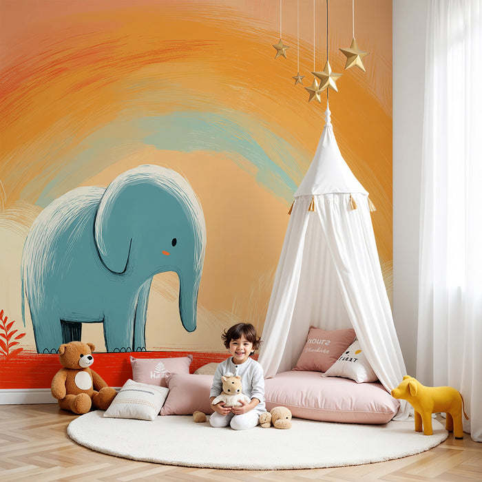 Barntapet | Söt elefant under en pastellregnbåge