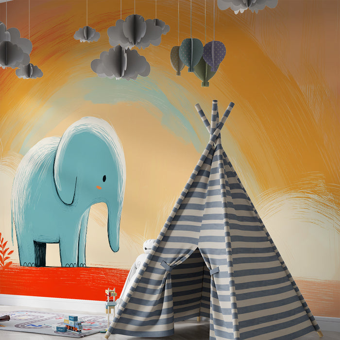 Barntapet | Söt elefant under en pastellregnbåge