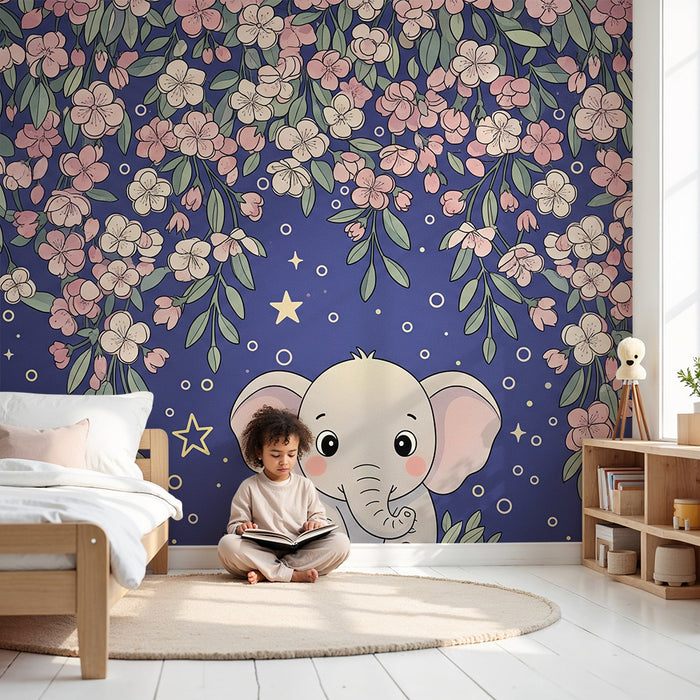 Børneværelse tapet | Sødt elefant under en stjernehimmel