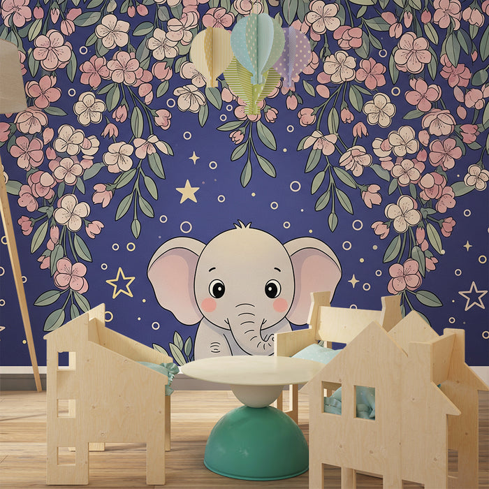 Børneværelse tapet | Sødt elefant under en stjernehimmel