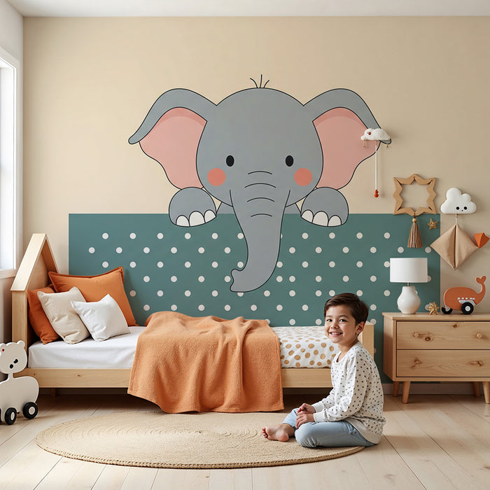 Carta da parati bambini | Elefante carino su sfondo a pois