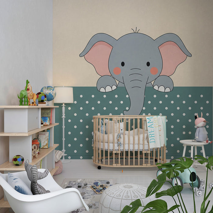Carta da parati bambini | Elefante carino su sfondo a pois