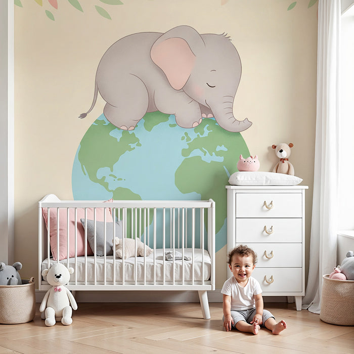 Nursery room wallpaper | Cute elephant on Earth surrounded by colorful foliage