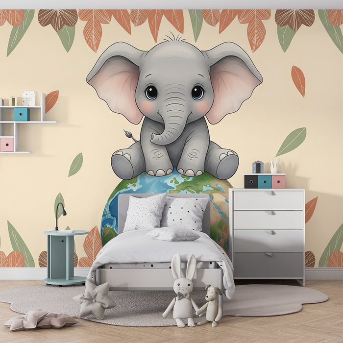 Papel de parede quarto bebê | Elefante fofo no globo terrestre com folhagem colorida