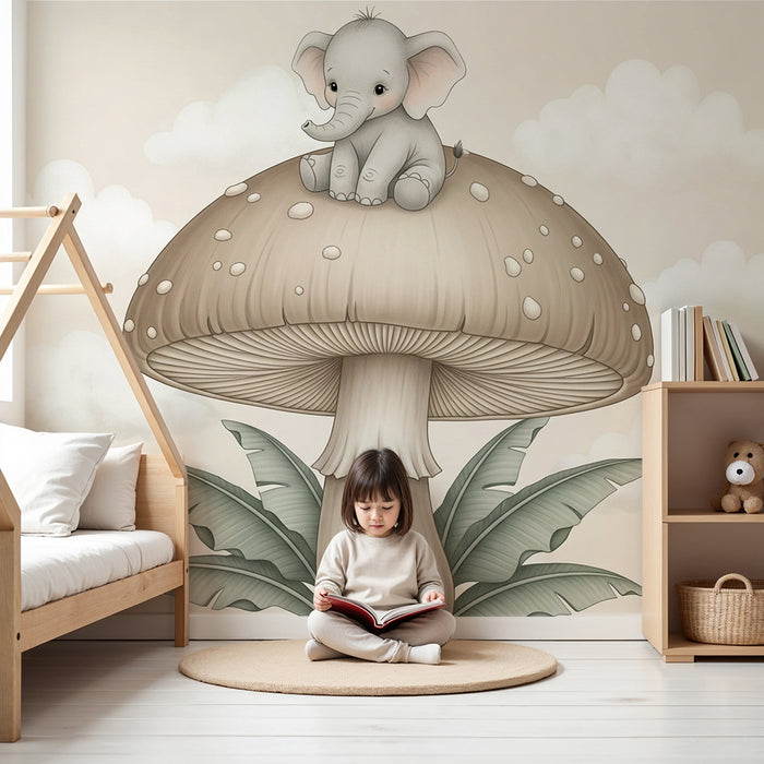 Babykamer behang | Schattige olifant op een paddenstoel