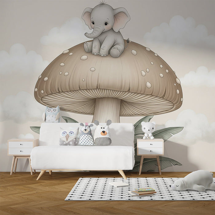 Babykamer behang | Schattige olifant op een paddenstoel