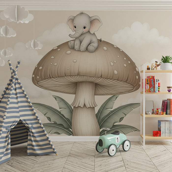 Babykamer behang | Schattige olifant op een paddenstoel