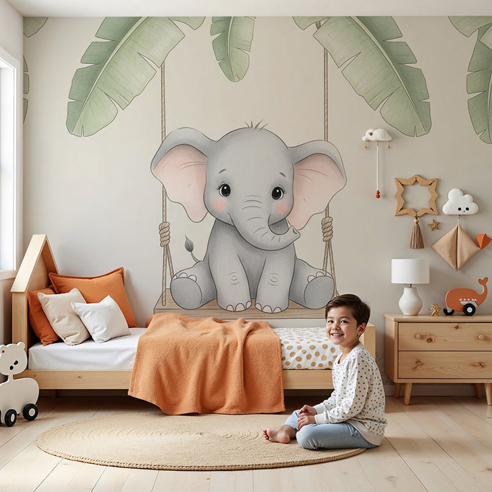 Papier peint chambre bébé | Éléphant mignon sur une balançoire