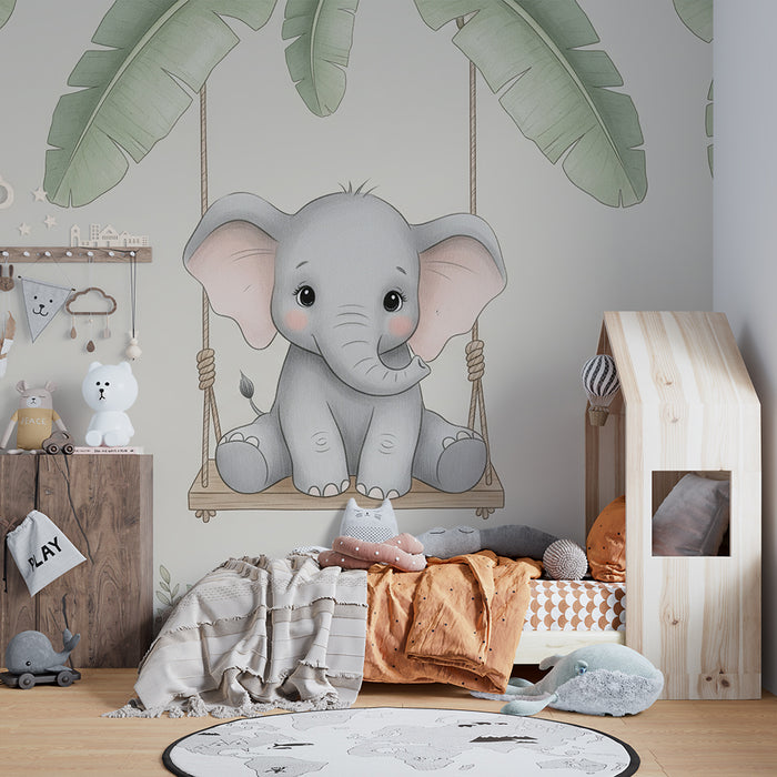 Papier peint chambre bébé | Éléphant mignon sur une balançoire