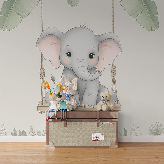 Papier peint chambre bébé | Éléphant mignon sur une balançoire
