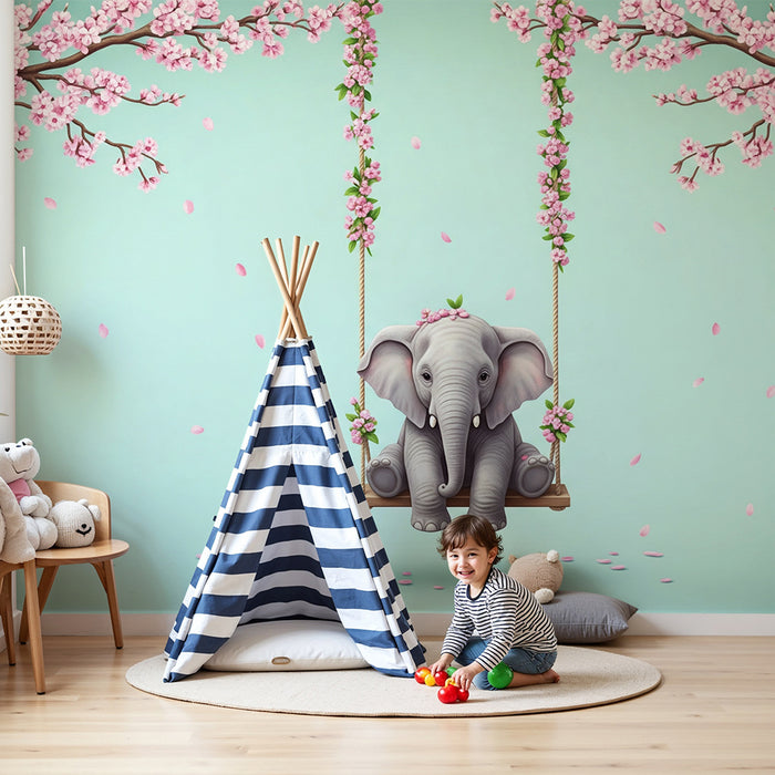 Nursery room wallpaper | Cute elephant on a swing surrounded by cherry blossoms