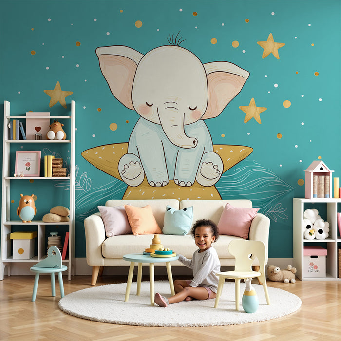 Papier peint chambre bébé | Éléphant mignon sur une étoile dorée avec un fond turquoise