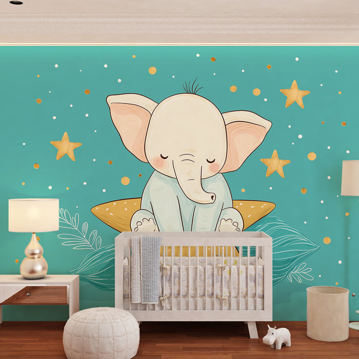 Papier peint chambre bébé | Éléphant mignon sur une étoile dorée avec un fond turquoise