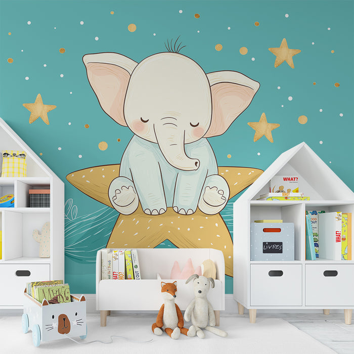 Papier peint chambre bébé | Éléphant mignon sur une étoile dorée avec un fond turquoise