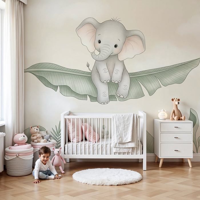 Papel de parede quarto bebê | Srčkan slon na tropskem listju