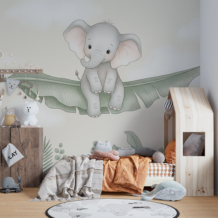 Papel de parede quarto bebê | Srčkan slon na tropskem listju
