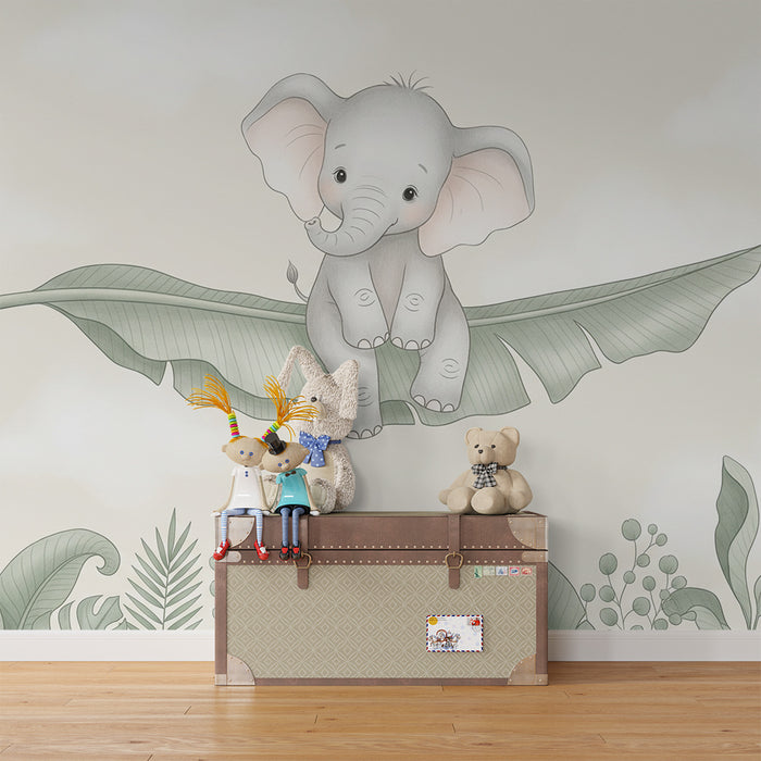 Papel de parede quarto bebê | Srčkan slon na tropskem listju