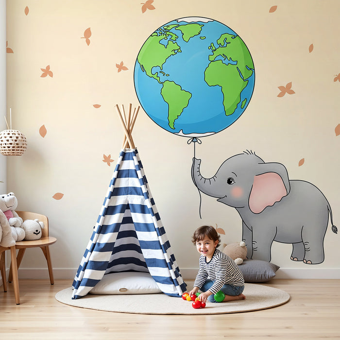 Carta da parati bambini | Elefante carino che tiene il globo terrestre