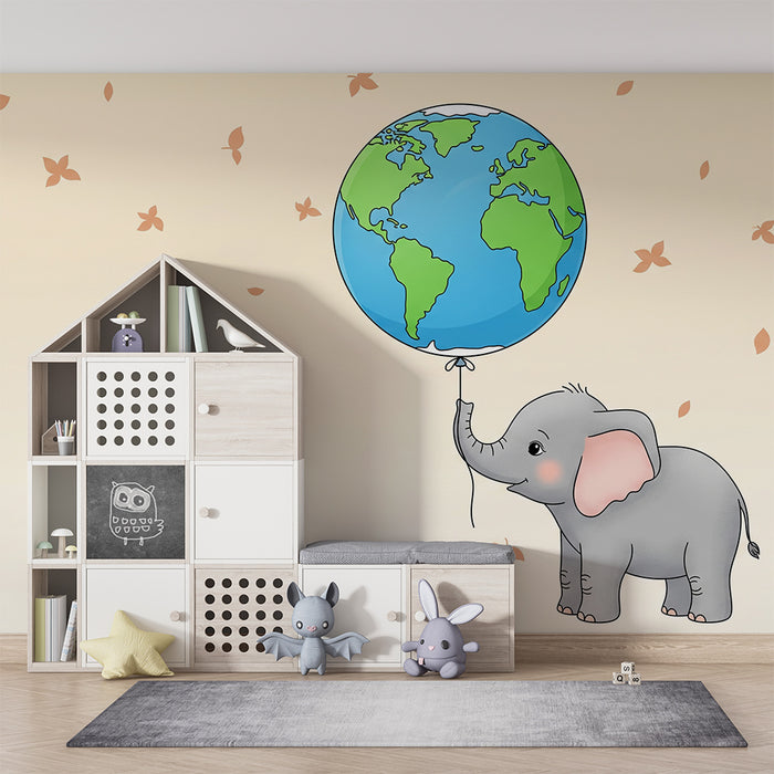 Carta da parati bambini | Elefante carino che tiene il globo terrestre