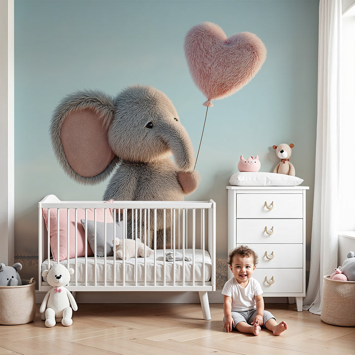 Carta da parati bambini | Elefante carino che tiene un cuore di peluche