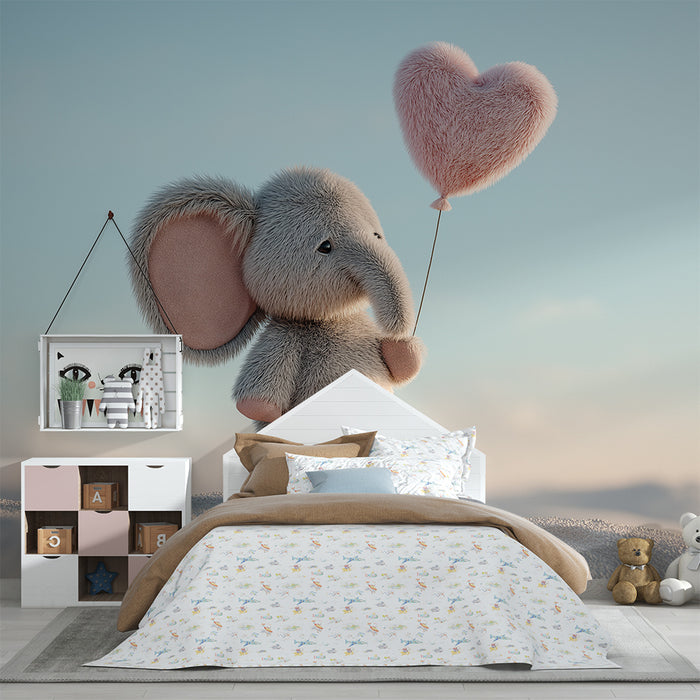 Carta da parati bambini | Elefante carino che tiene un cuore di peluche