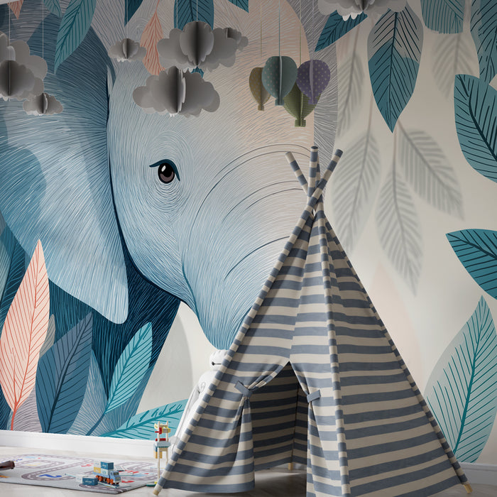 Papier peint chambre bébé | Eléphant paisible parmi les feuillages