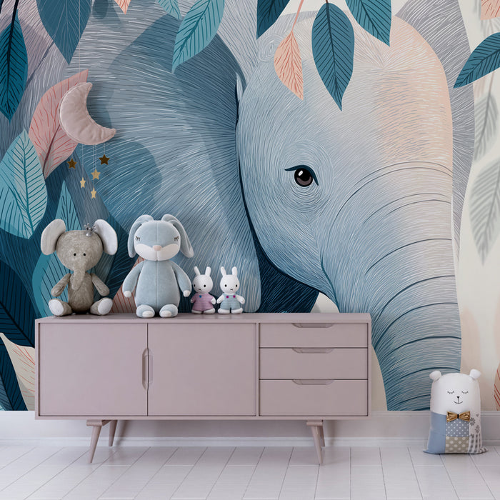 Papier peint chambre bébé | Eléphant paisible parmi les feuillages