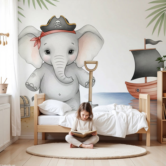 Babykamer behang | Piraat olifant op het strand