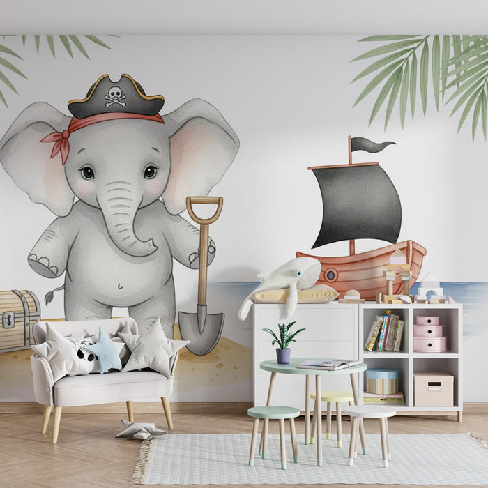 Babykamer behang | Piraat olifant op het strand
